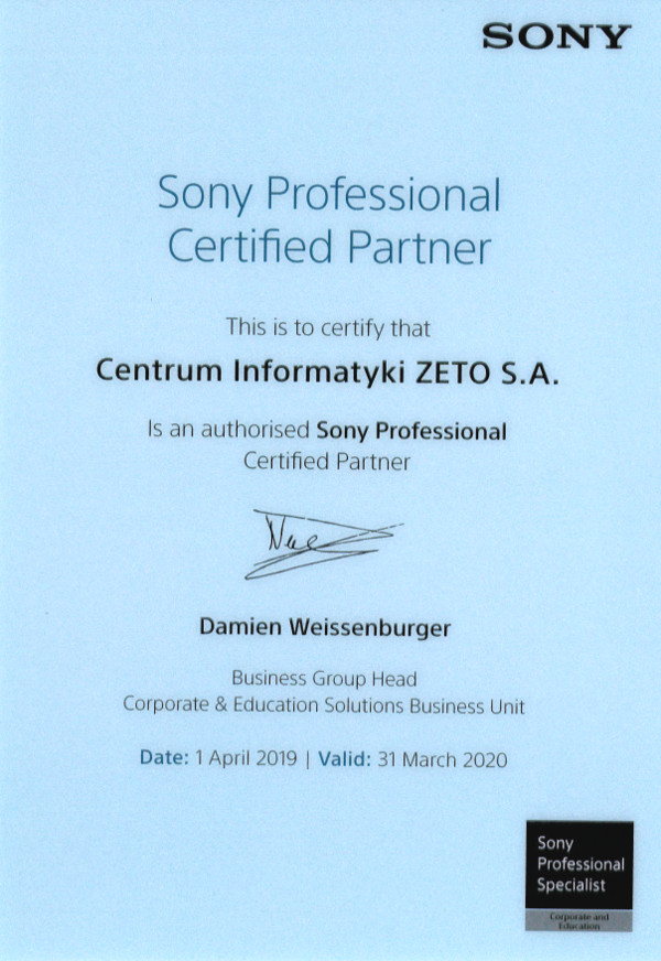 Certyfikat Sony Professional
